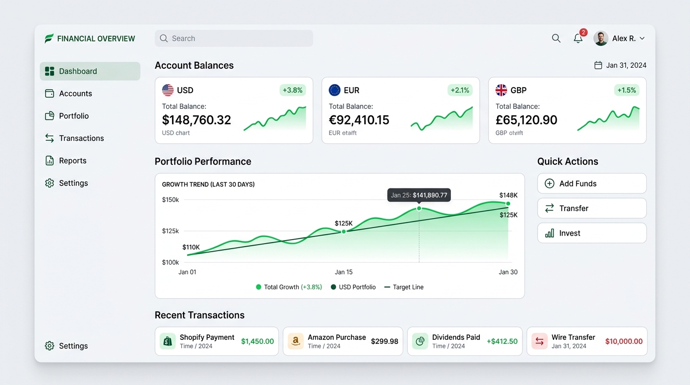 Finovo High-Performance Financial Dashboard & Multi-Currency Overview
